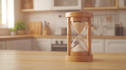 Close-up of a wooden hourglass on a light wooden surface, featuring a softly blurred kitchen background, emphasizing the theme of cooking time management.