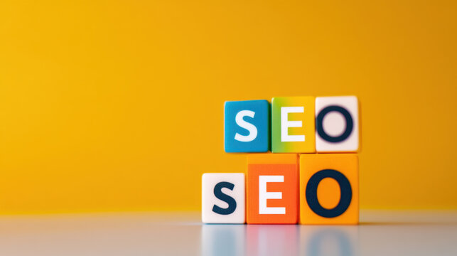 Colorful blocks spell out "SEO" against a bright yellow background, symbolizing digital marketing and search engine optimization.