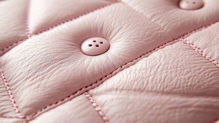 Close-up of pink quilted leather fabric showcasing textured stitching and decorative buttons with a soft sheen and intricate details.