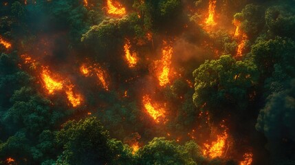 Aerial view of a forest fire with burning trees, emphasizing the urgent need for nature conservation and the ecological significance of rainforests.