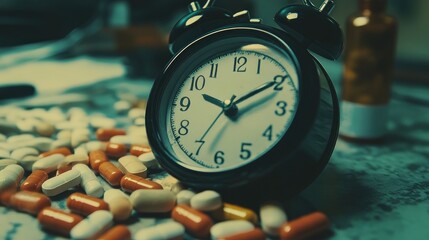 Alarm clock surrounded by assorted pills in a healthcare setting highlighting the importance of timely medication reminders for sleep aids and insomnia management.