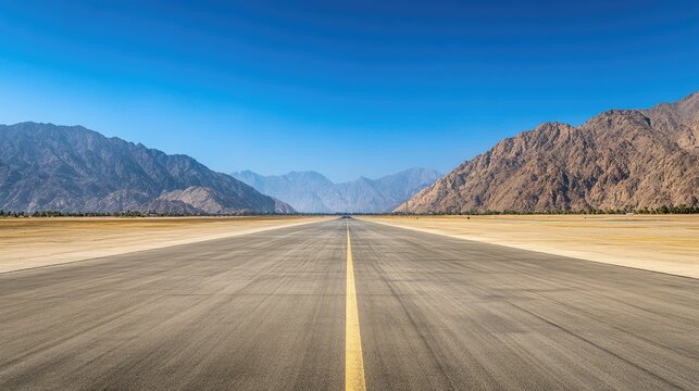 Vacant runway stretching towards majestic mountains under a vibrant blue sky, perfect for travel and aviation photography themes.