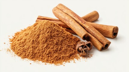 Ground cinnamon powder in a mound beside whole cinnamon sticks, all isolated on a clean white background, viewed from a top angle.