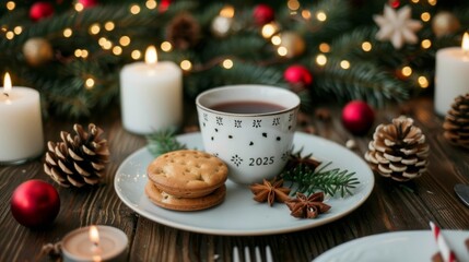 Cozy holiday setup with tea, cookies, and decor.