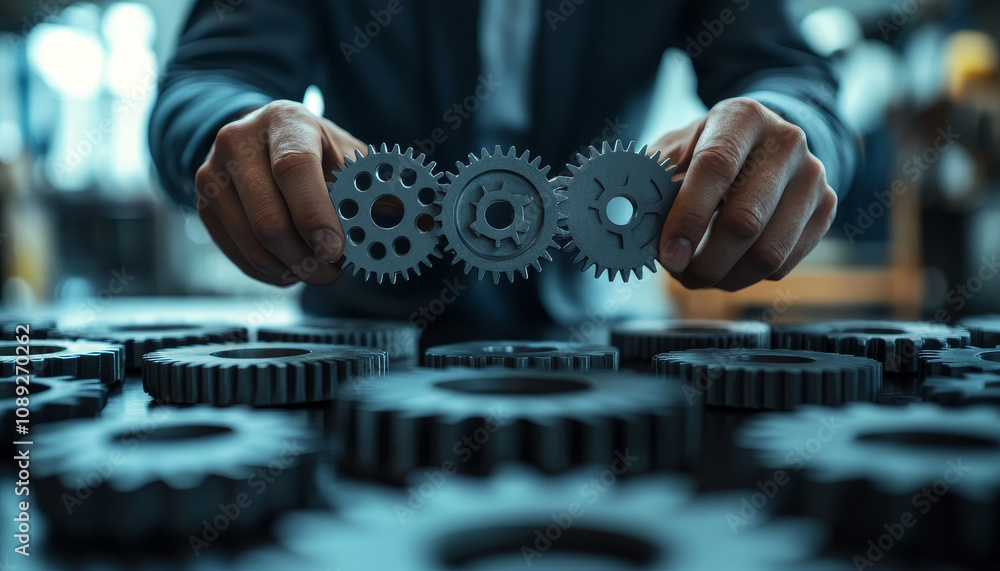 Poster businessman holds gears in meeting room, symbolizing teamwork and innovation. focus on gears represe