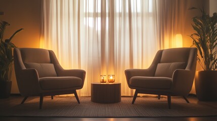Serene therapy room showcasing two inviting chairs with warm lighting, perfect for relaxation and thoughtful conversations.