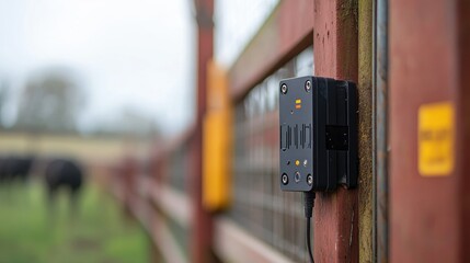 Close-up of an RFID tag reader mounted on a fence, designed for animal tracking, enhancing inventory and health monitoring for efficient farm management.