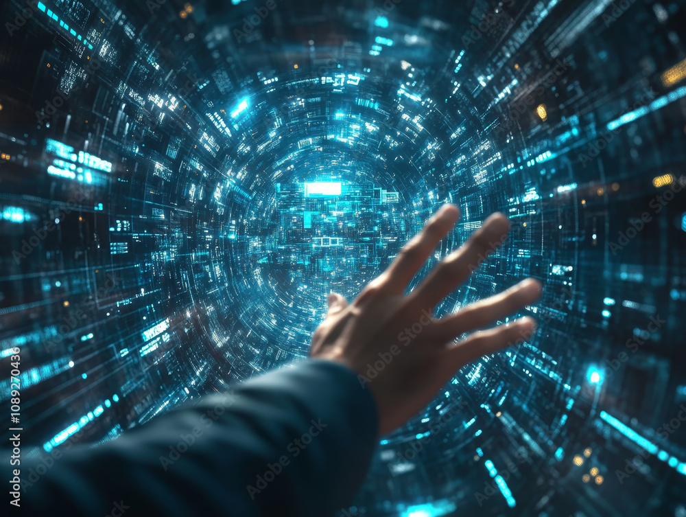 Poster digital tunnel with hand reaching towards glowing data streams, symbolizing technology and innovatio