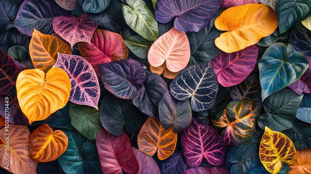 Wall mural vibrant close-up of tropical foliage displaying an array of intricate leaf patterns in rich hues of 