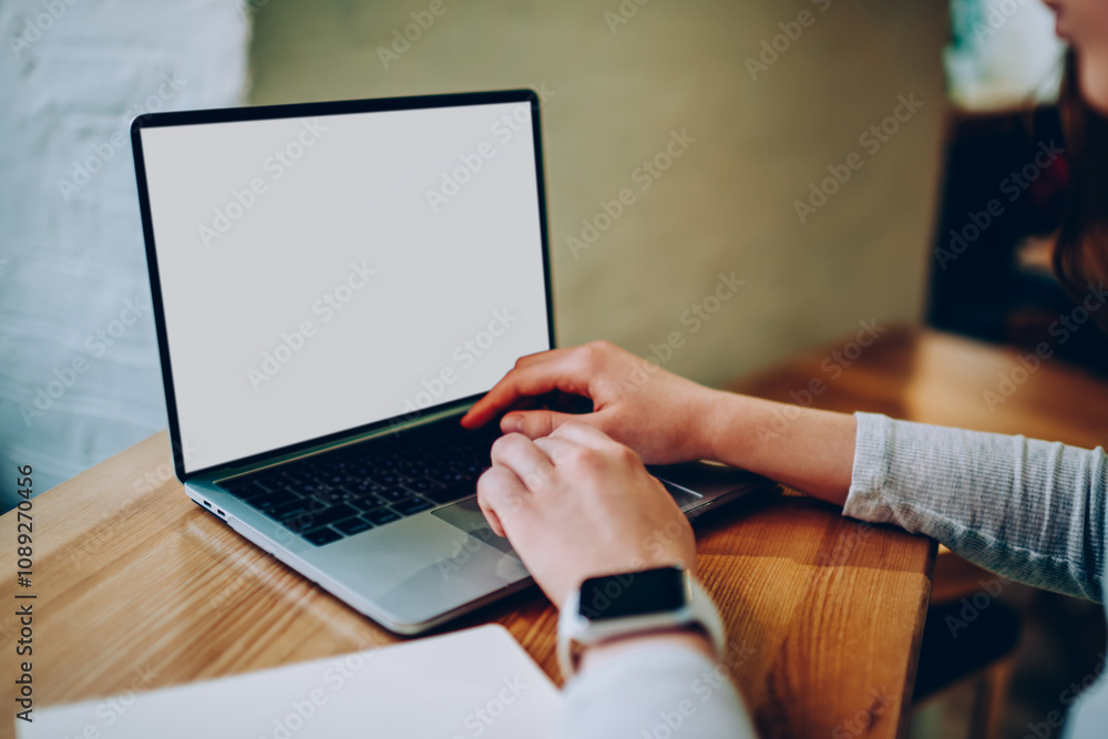 Poster cropped image of female typing on laptop computer creating publication for blog content . woman work