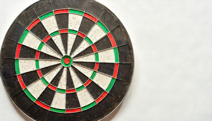 Darts or dart throwing is a competitive sport in which two or more players bare handedly throw small sharp pointed projectiles at a round target known as a dart board. Isolated on white background