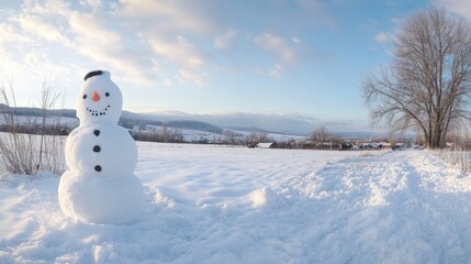 Fototapeta premium Cheerful snowman standing in a snowy landscape under a blue sky with fluffy clouds, surrounded by a serene winter scene and ample copy space.
