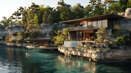 Naklejka premium Modern lakeside villa nestled in the cliffs. AI Generated