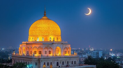 Fototapeta premium Illuminated golden dome mosque at night, crescent moon.