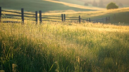 Morning sunlight softly brightens a lush green meadow, with sparkling dew on the grass and a distant blurred fence enhancing the serene landscape.