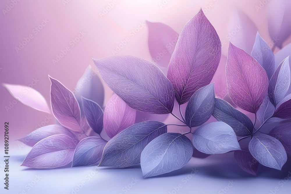 Poster a delicate arrangement of soft purple and lavender leaves, creating an ethereal and calming atmosphe