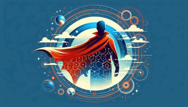 Futuristic superhero silhouette with cape exploring nanotechnology and space innovation surrounded by planets and clouds