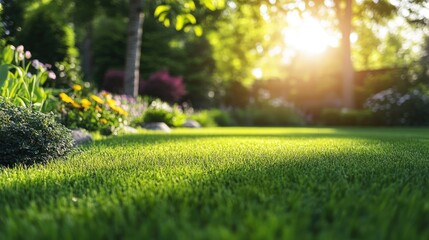 Lush green lawn surrounded by vibrant flowers, trees, and shrubs illuminated by warm sunlight on a bright summer day.
