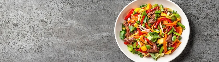 Spicy Thai beef salad on rustic plate, warm shadows, cozy dish, rich flavors with inviting textures Cozy thai food.