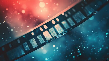Obraz premium Vintage film strip on a blurred chromatic backdrop, showcasing a grainy texture with a retro noise effect and soft glowing lights.