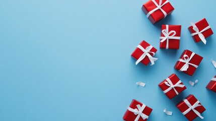Red gift boxes with white ribbons scattered on a light blue background, providing ample empty space for personalized messages or designs.