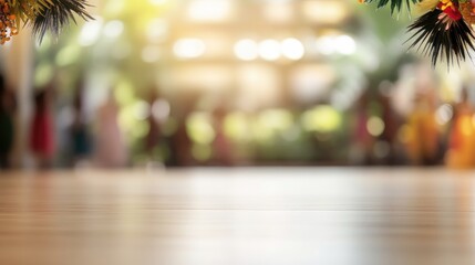 Cultural event scene featuring vibrant decorations and a softly blurred background with ample empty space for text overlay.