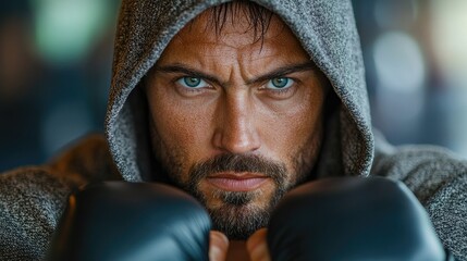 Intense boxer wearing a gray hoodie and gloves, focused on training in a boxing gym, preparing mentally and physically for competition.