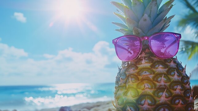 Pineapple with vibrant purple sunglasses posing against a bright sunny beach with sparkling blue ocean waves and palm trees in the background