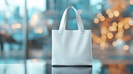 White canvas tote bag mockup displayed on a reflective surface, surrounded by a softly blurred bokeh background ideal for showcasing custom designs and branding concepts.