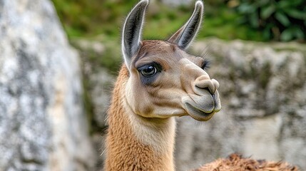 Obraz premium Close-up of a llama showcasing its expressive eyes and textured fur against a soft natural backdrop, highlighting the animal's intricate details.