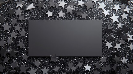 Shimmering silver star confetti frame with a stylish black banner, creating a glamorous backdrop for customizable text space.