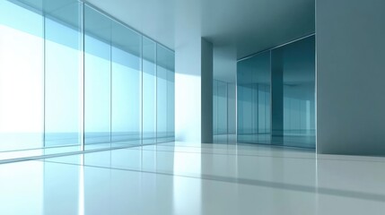 Fototapeta premium Sleek modern office interior with expansive glass walls and reflective surfaces, ideal for showcasing contemporary business themes and concepts.