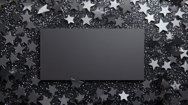 Shimmering silver star confetti frame with a stylish black banner, creating a glamorous backdrop for customizable text space. - Powered by Adobe
