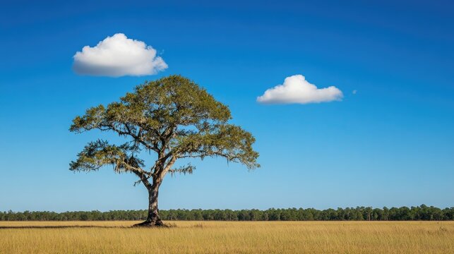 A majestic old growth Longleaf Pine tree towers against a vibrant blue sky, accompanied by fluffy white clouds and a golden field beneath.