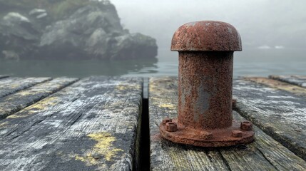 Fototapeta premium Weathered metal bollard on a wooden pier with rust and peeling paint, surrounded by misty water and rocky shoreline in the background.