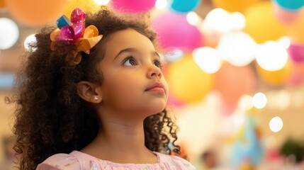 Young girl with curly hair and colorful bow gazes at cheerful decorations in a festive birthday party setting, filled with pastel balloons and bright lights.