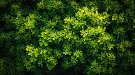 Obraz premium Vibrant green foliage creating a dense canopy in a lively spring forest, showcasing various leaf shapes and rich textures.
