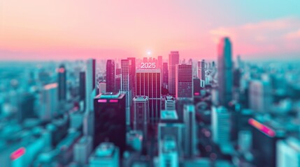 Fototapeta premium Futuristic city skyline with a vibrant sunset glow.
