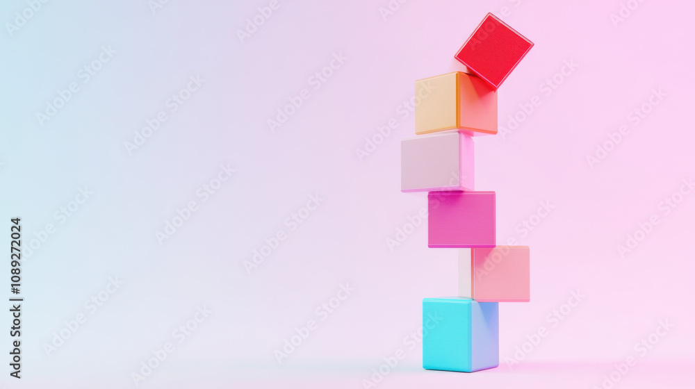 Poster a colorful stack of cubes in various shades, showcasing a playful and modern aesthetic against a sof