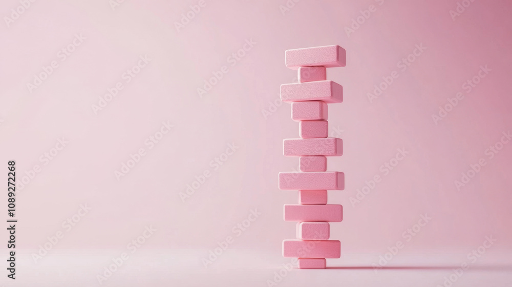 Poster a minimalist image featuring a tall stack of pink blocks against a soft pink background.