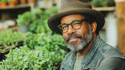 Man in a hat smiles while tending to vibrant green plants in a garden center during daylight hours. Generative AI
