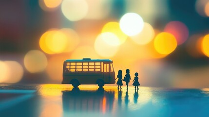 Children Silhouettes Near Miniature School Bus with Blurred Colorful Background Evoking Back to School Atmosphere
