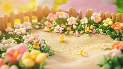 A vibrant garden scene with colorful flowers and a sandy area, evoking a cheerful atmosphere.