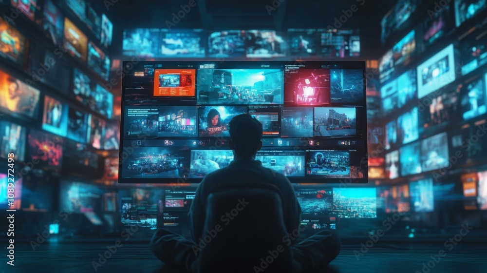 Aufkleber A person sits cross-legged in front of a large screen, fully engaged in the diverse array of media displayed around them.