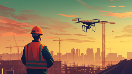 Construction worker observes drone surveying city skyline during sunset