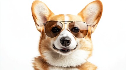 Trendy Pembroke Welsh Corgi sporting oversized sunglasses, showcasing a playful expression against a crisp white background, perfect for adding personalized text.