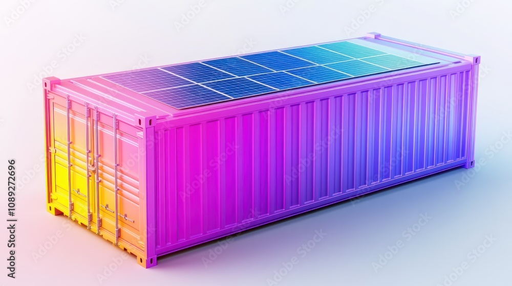 Poster a colorful shipping container equipped with solar panels on top.