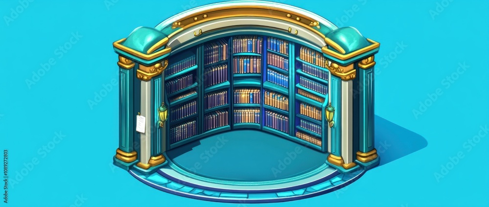 Poster a stylized bookshelf with an ornate design, displaying numerous books.