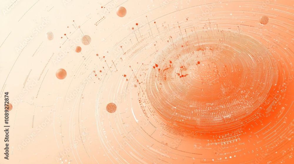 Poster Abstract swirling design with celestial elements in orange tones.