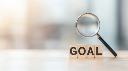 A magnifying glass focused on the word "GOAL" spelled out in wooden blocks, symbolizing clarity and focus on objectives.